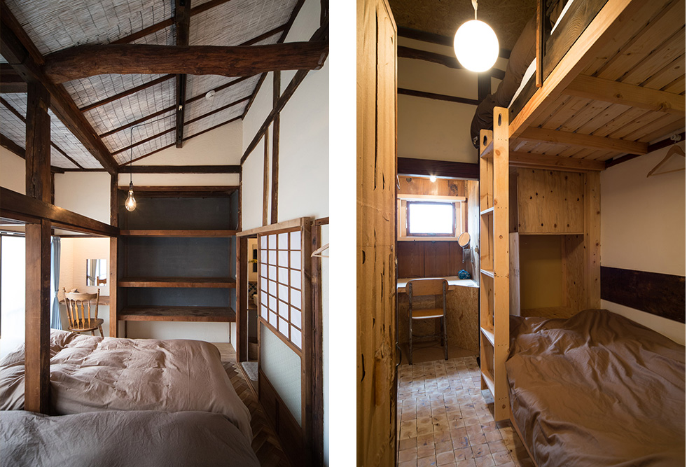 左から・2階客室「sarasi」。天井仕上げは撤去し、壁は漆喰塗りに。／2段ベッドを備えた2階客室「moku」。上部にはロフトも造作。