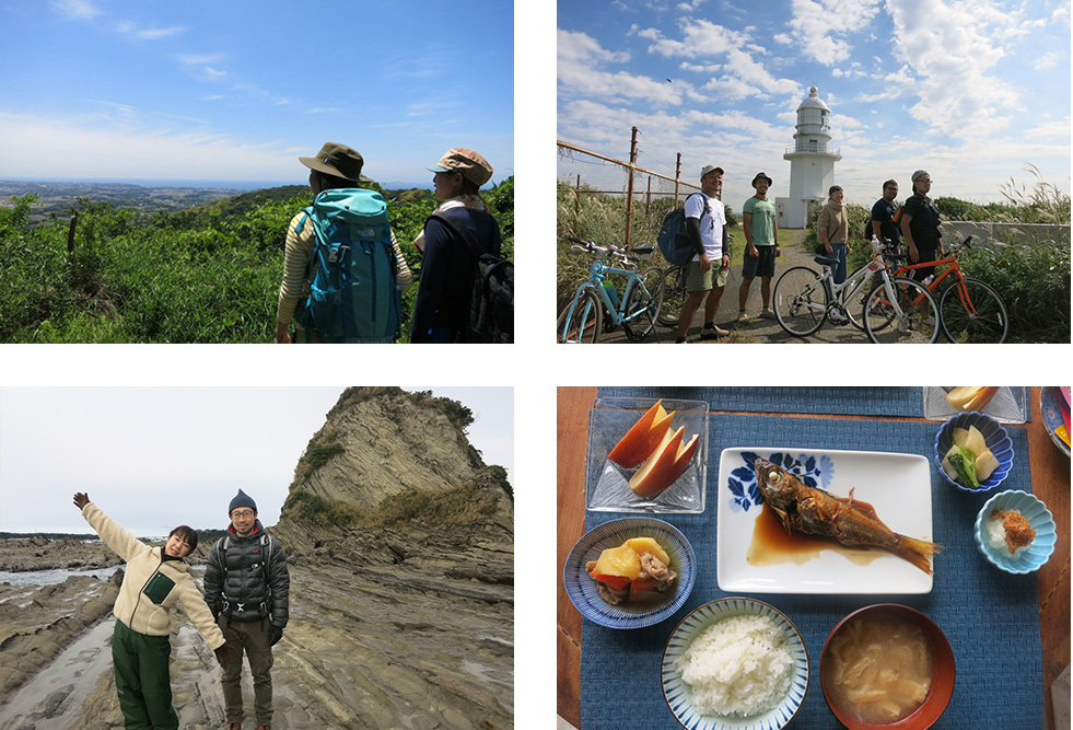 左上から時計回りに・『ichi』では複数の自然体験ツアーを用意しており、宿泊予約の際に申込み可能。こちらの写真は三浦富士でのハイキングツアー。／岩場を歩く潮風トレイルツアー。／三浦半島のサイクリングツアー。／地元の魚と野菜を使った『ichi』の朝食。